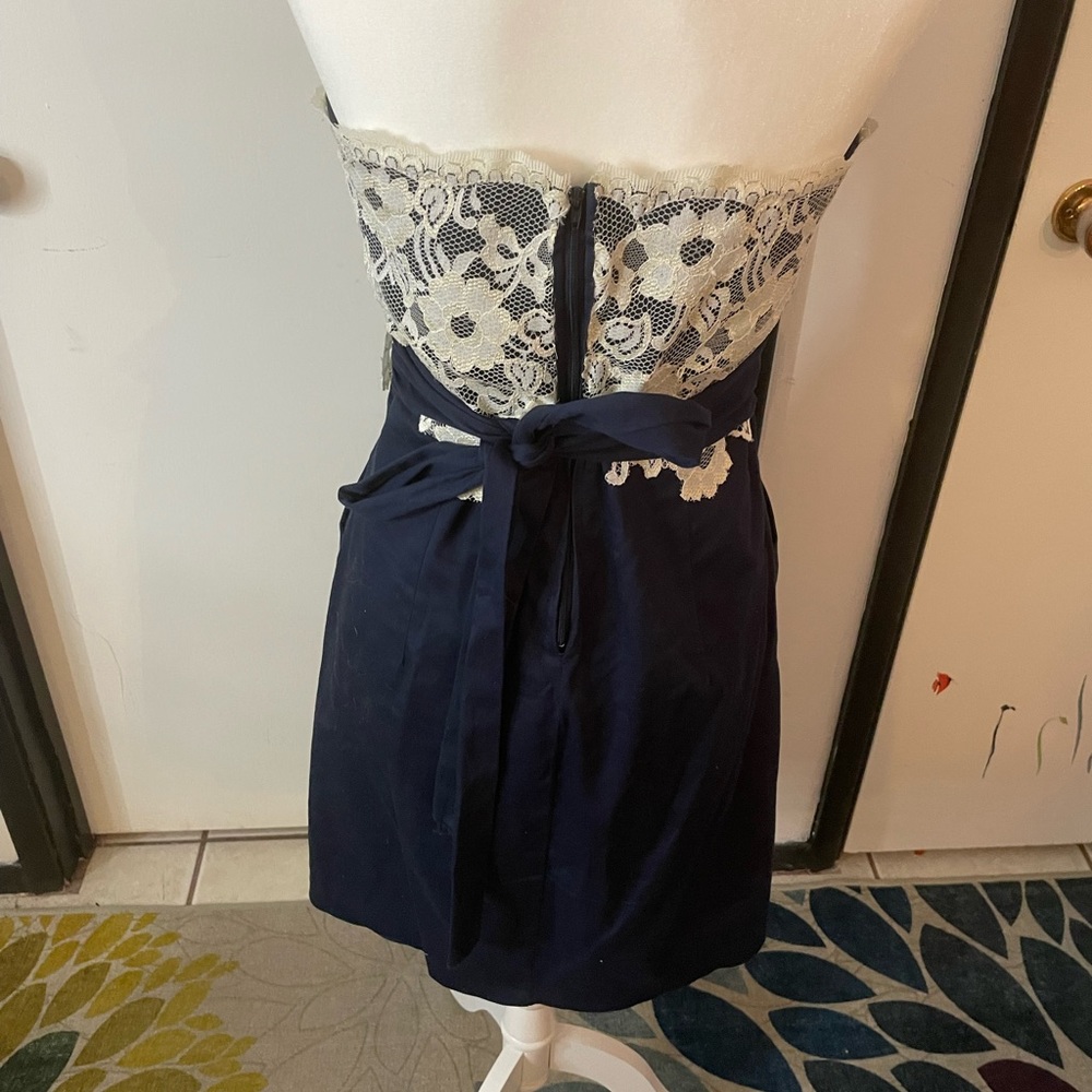 Navy Blue pencil skirt strapless dress with lace, bow, and pockets - Picture 5 of 8
